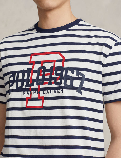 Ralph lauren blue and 2025 white striped t shirt