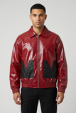 Male model wearing the red Valabasas Smooth Criminal jacket, front view