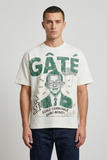 Male model wearing the white Concept Gate graphic tee