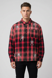 Male model wearing the Valabasas red and black plaid spider-detail button-down shirt, front view