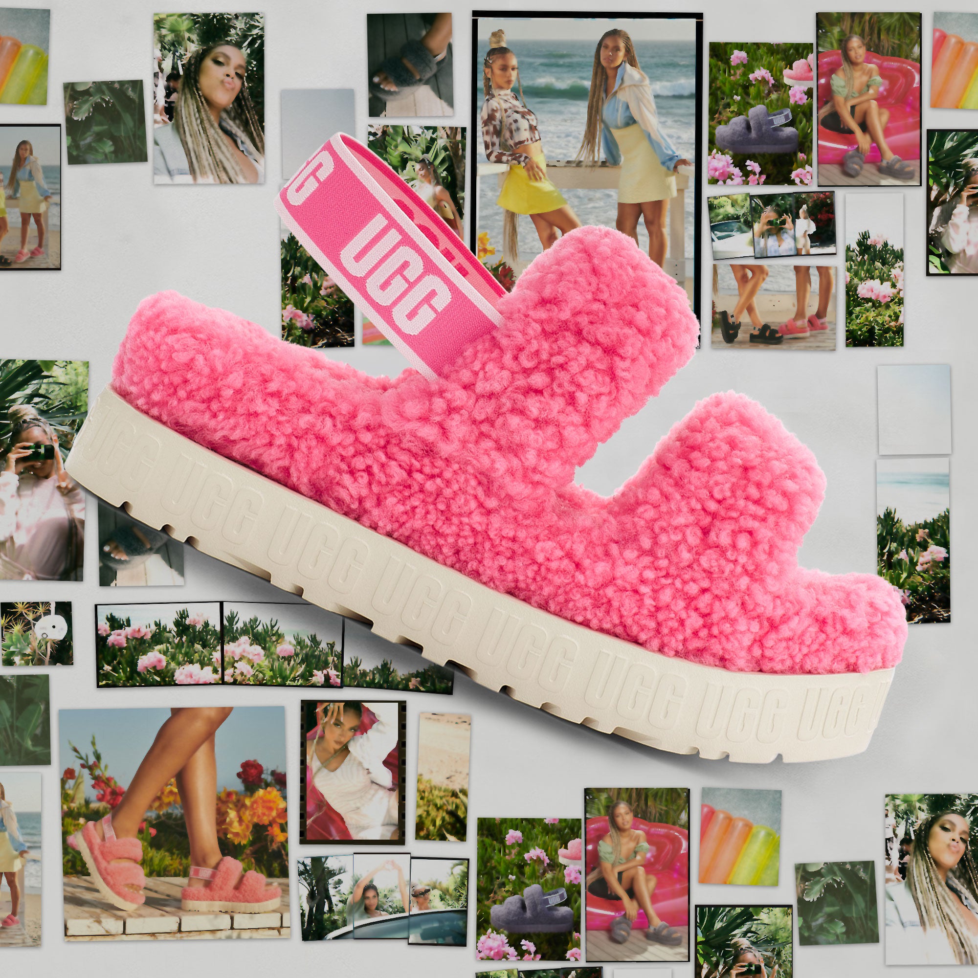 UGG Fluffita Oh Yea Pink Rose Sheepskin Fur Slippers Slides Sandals Sz 6  NIB