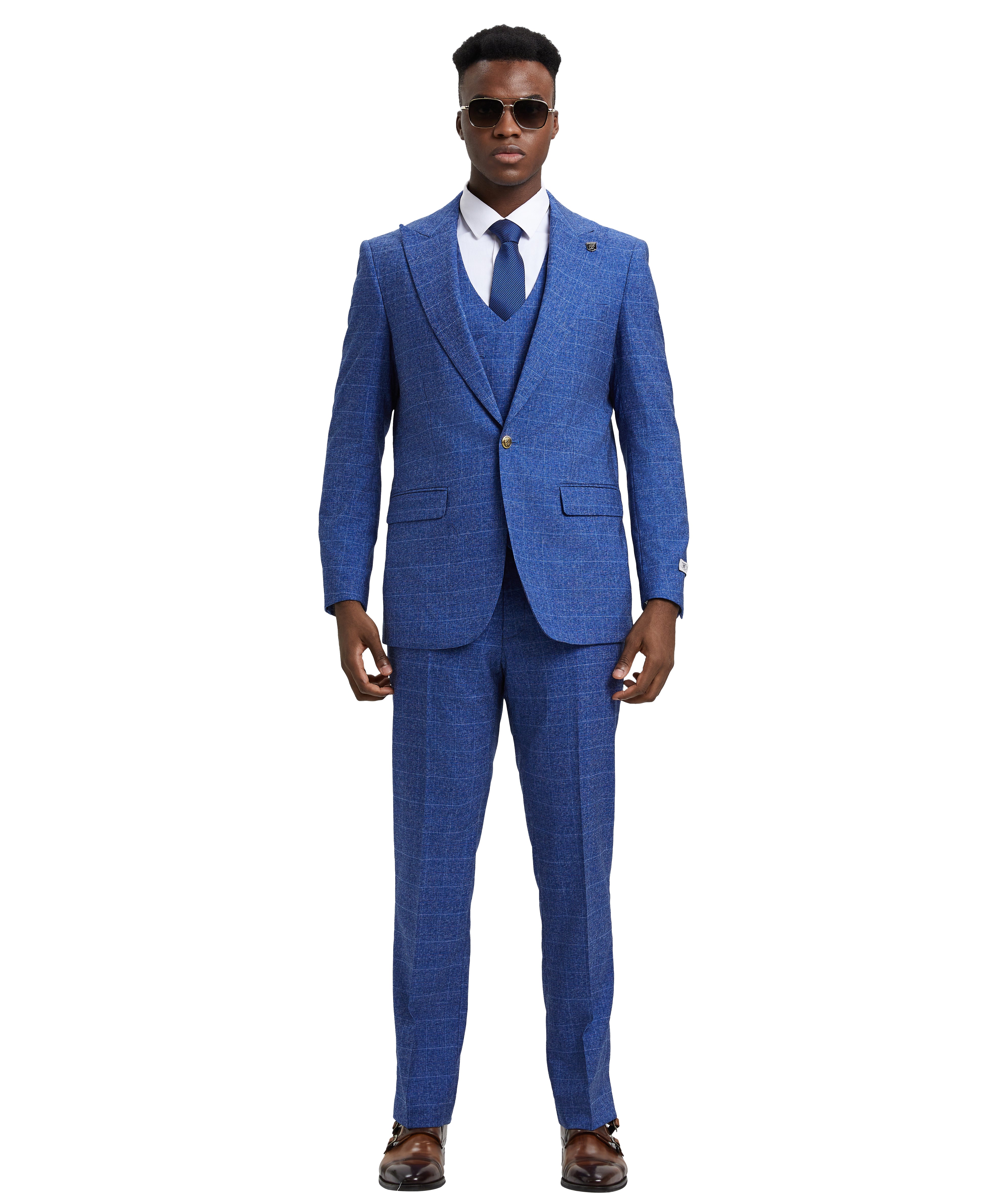 Stacy Adams 3 PC Royal Blue Windowpane Mens Suit